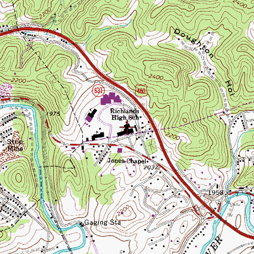 Topographic Map of Richlands High School, VA