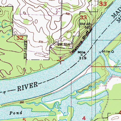 Topographic Map of Watkins Landing (historical), AL