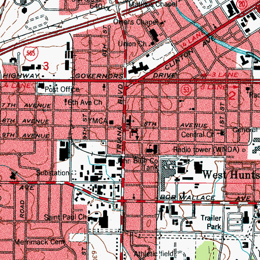 Topographic Map of West Huntsville Church of Christ, AL