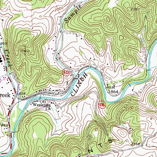 Topographic Map of Sample Branch, VA