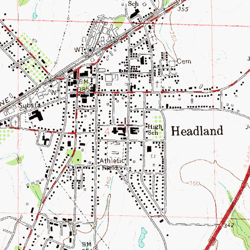 Topographic Map of Headland High School, AL