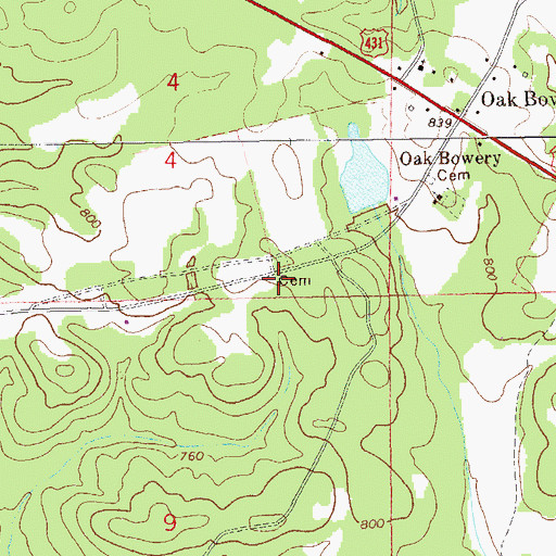 Topographic Map of Oak Bowery Cemetery, AL