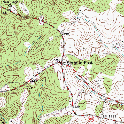 Topographic Map of Sixmile Post, VA