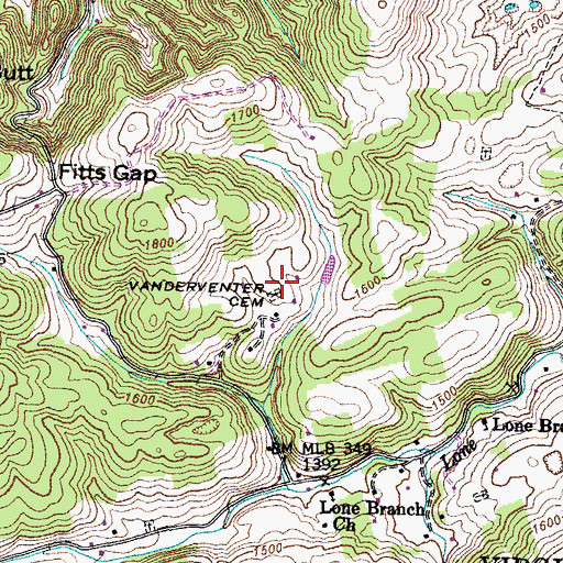 Topographic Map of Vanderventer Cemetery, VA