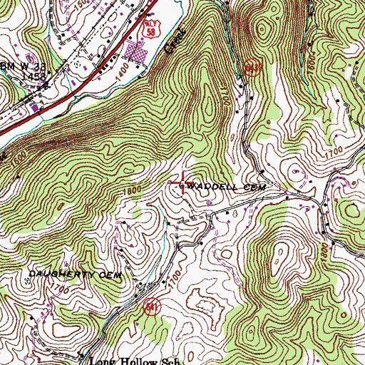Topographic Map of Waddell Cemetery, VA