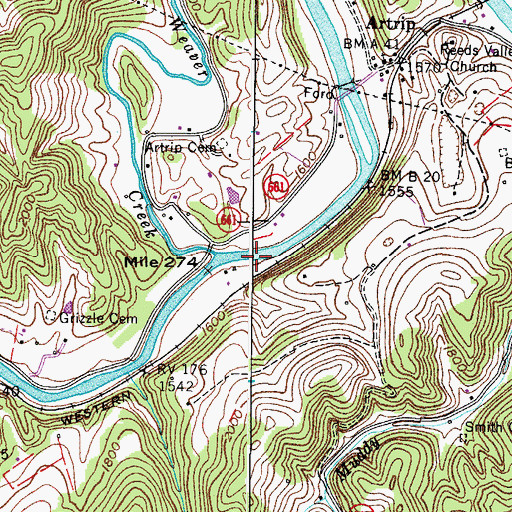 Topographic Map of Weaver Creek, VA
