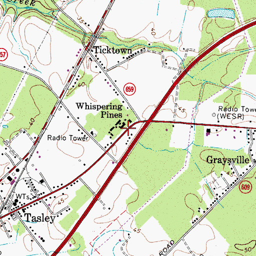 Topographic Map of Whispering Pines, VA