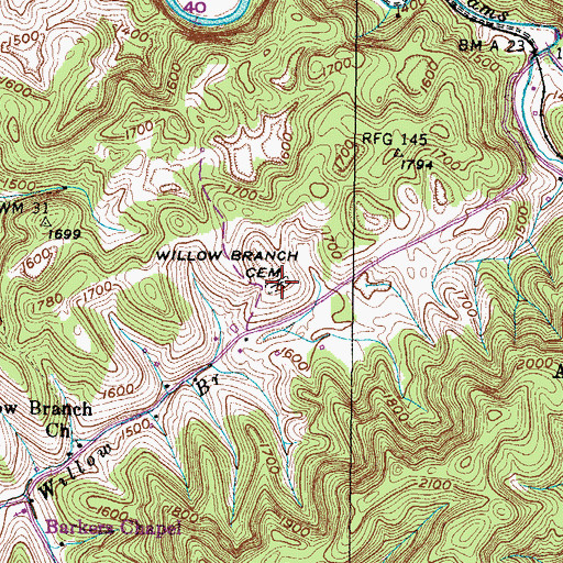 Topographic Map of Willow Branch Cemetery, VA