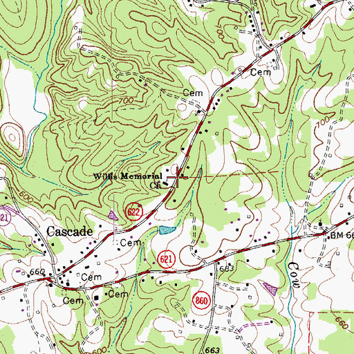 Topographic Map of Wills Memorial Church, VA