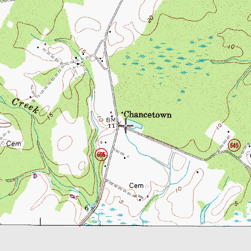 Topographic Map of Chancetown, VA