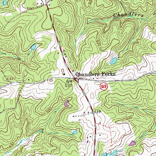 Topographic Map of Chandlers Forks, VA