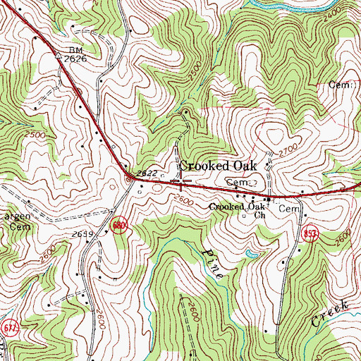Topographic Map of Crooked Oak, VA