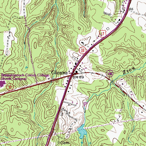 Topographic Map of Glenns, VA