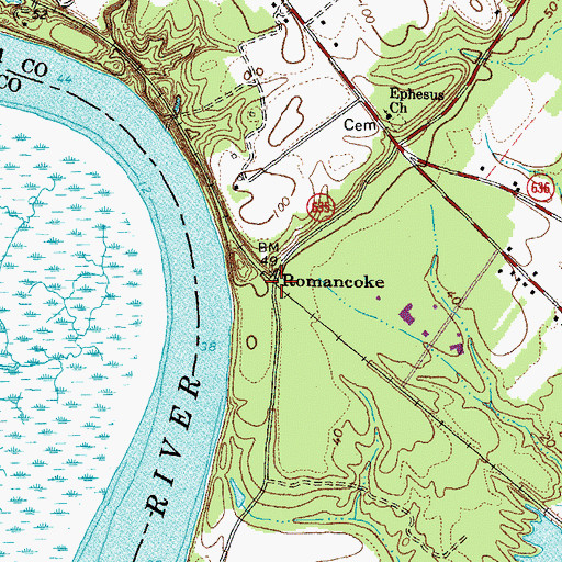 Topographic Map of Romancoke, VA