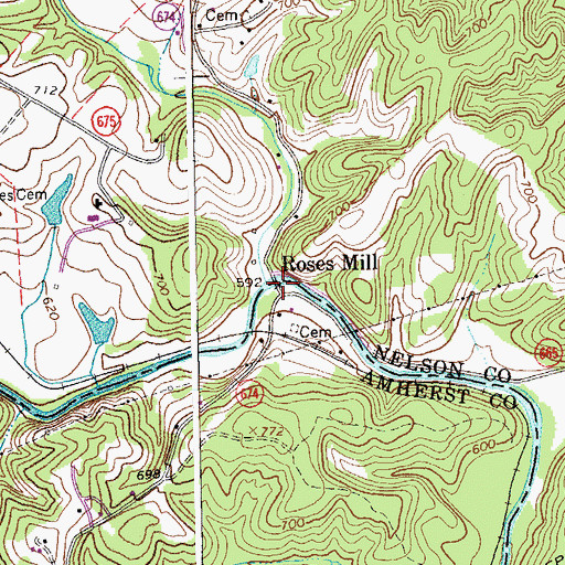 Topographic Map of Roses Mill, VA