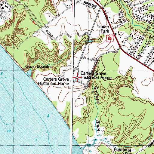 Topographic Map of Carters Grove Historical Home, VA