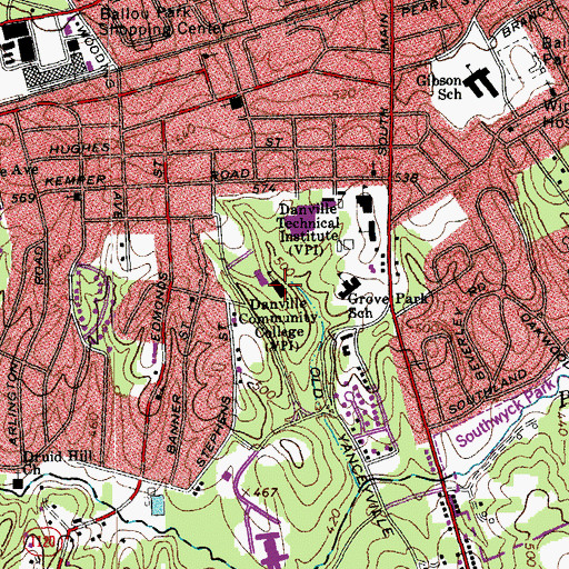 Topographic Map of Danville Community College, VA