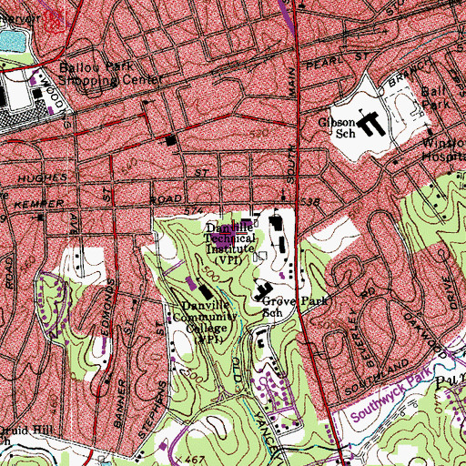 Topographic Map of Danville Community College, VA