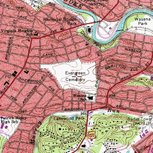 Topographic Map of Evergreen Cemetery, VA