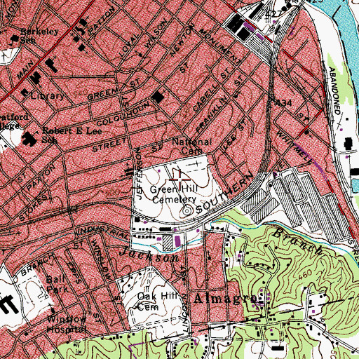 Topographic Map of Green Hill Cemetery, VA