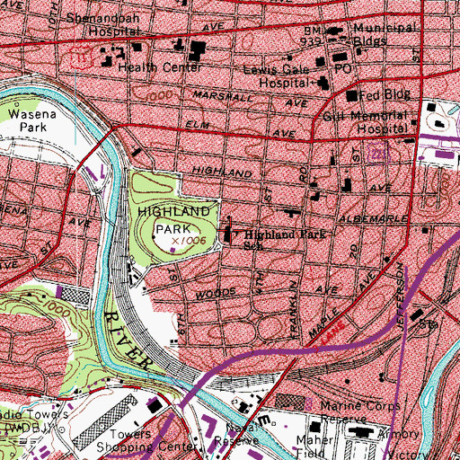 Topographic Map of Highland Park Elementary School, VA
