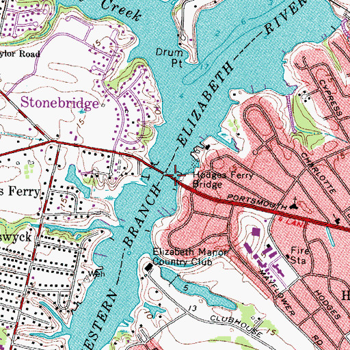 Topographic Map of Hodges Ferry Bridge, VA