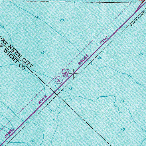 Topographic Map of James River Bridge, VA