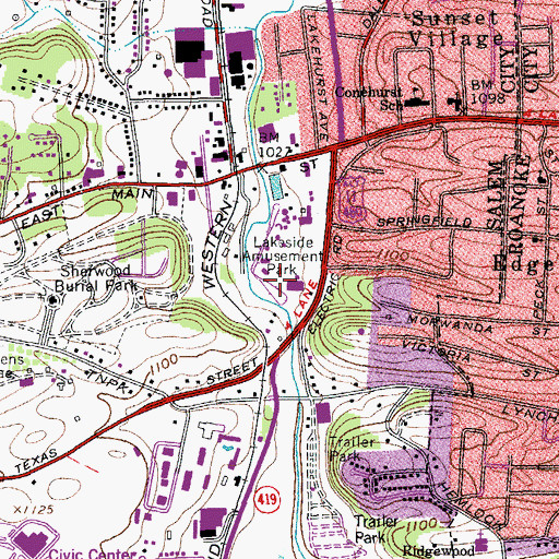 Topographic Map of Lakeside Amusement Park, VA