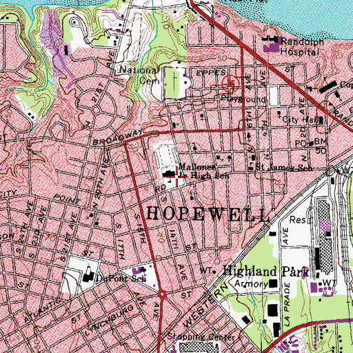 Topographic Map of Mallonee Junior High School, VA
