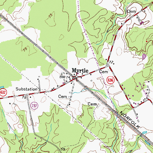 Topographic Map of Myrtle, VA