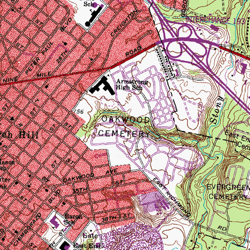 Topographic Map of Oakwood Cemetery, VA