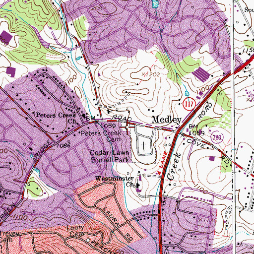Topographic Map of Peters Creek Cemetery, VA