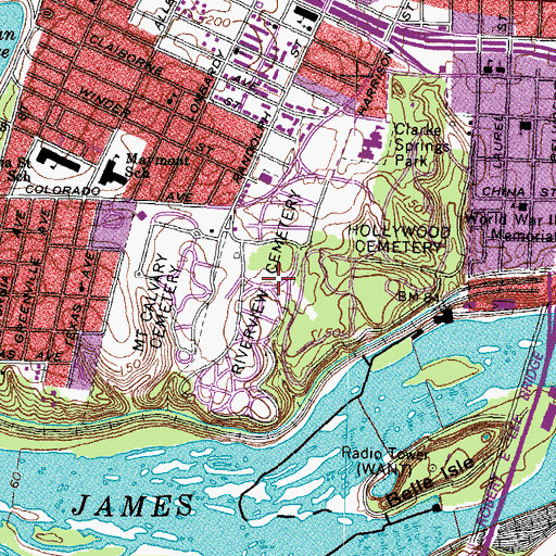 Topographic Map of Riverview Cemetery, VA