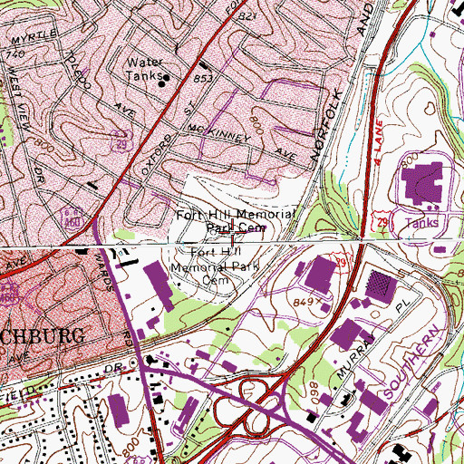 Topographic Map of Fort Hill Memorial Park Cemetery, VA