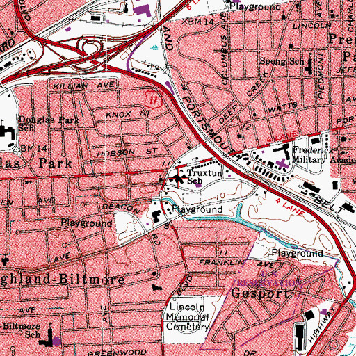 Topographic Map of Truxtun School, VA