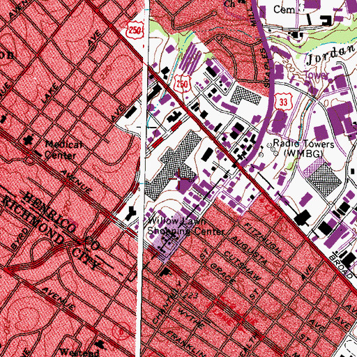 Topographic Map of Willow Lawn Shopping Center, VA