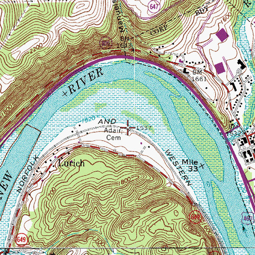 Topographic Map of Adair Cemetery, VA