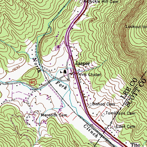 Topographic Map of Alvis Chapel, VA