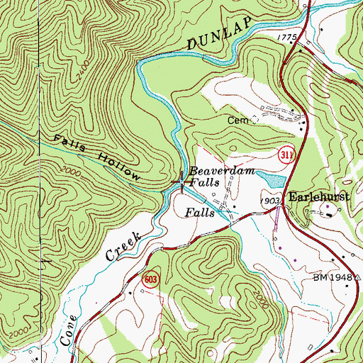 Topographic Map of Beaverdam Falls, VA
