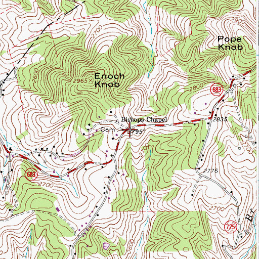 Topographic Map of Bishops Chapel, VA