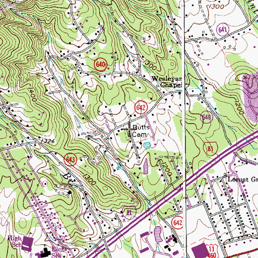 Topographic Map of Butts Cemetery, VA