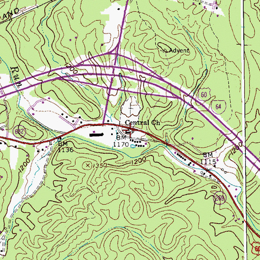 Topographic Map of Central Church, VA