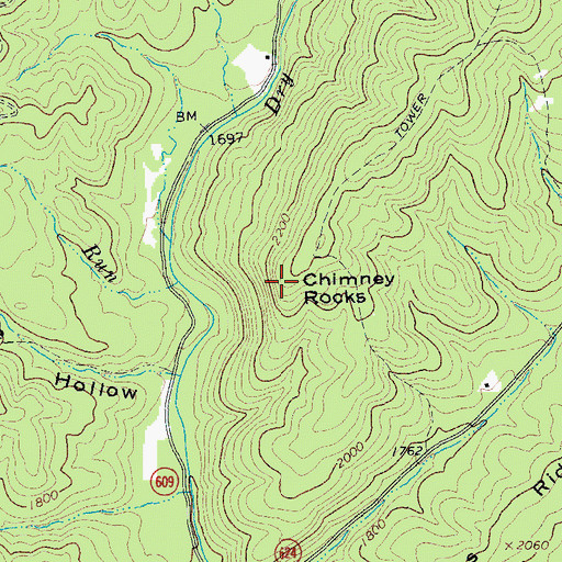Topographic Map of Chimney Rocks, VA