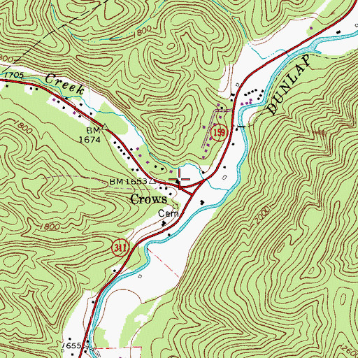 Topographic Map of Crows, VA