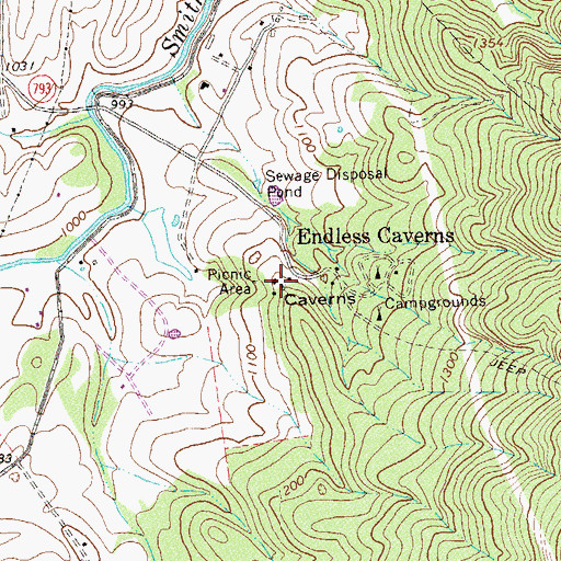 Topographic Map of Endless Caverns, VA