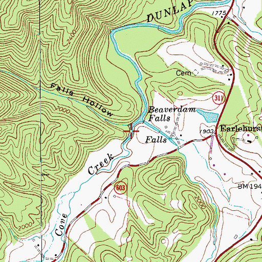 Topographic Map of Falls Hollow, VA