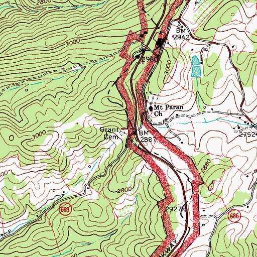Topographic Map of Grant Cemetery, VA