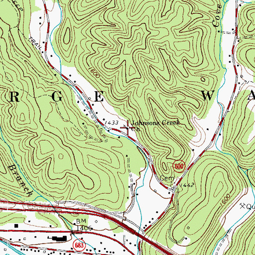 Topographic Map of Johnsons Creek Church, VA