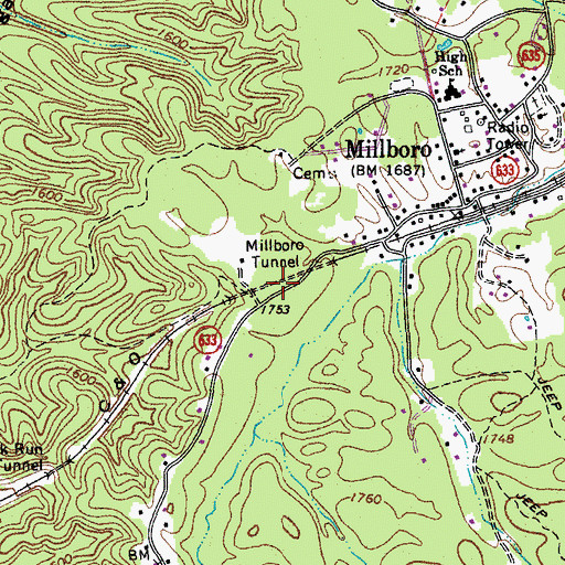 Topographic Map of Millboro Tunnel, VA