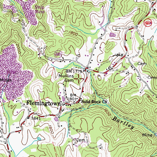 Topographic Map of Mullins Cemetery, VA